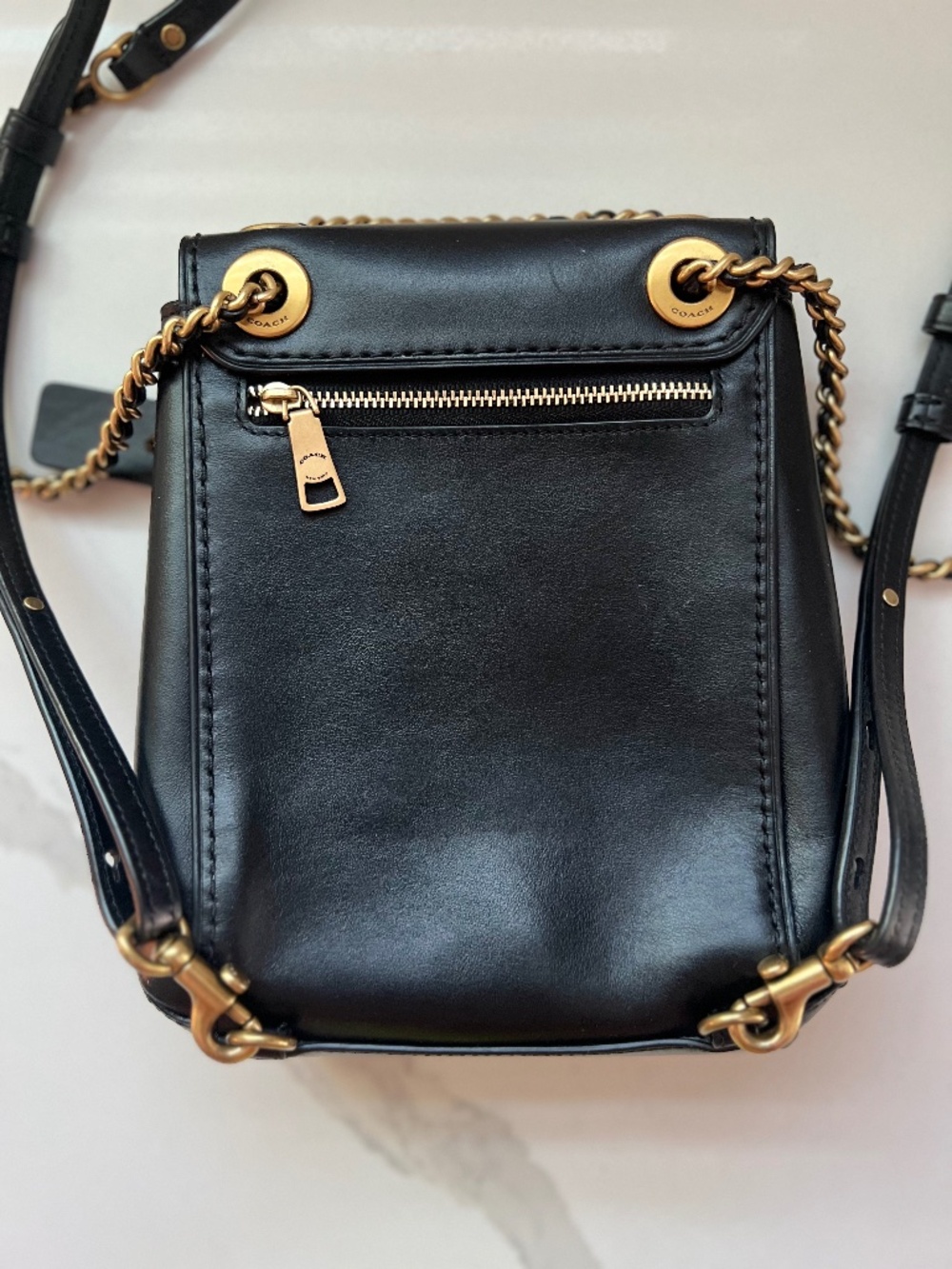Coach Black Parker Leather Backpack Crossbody Bag Gold Chain Strap - Picture 4 of 12